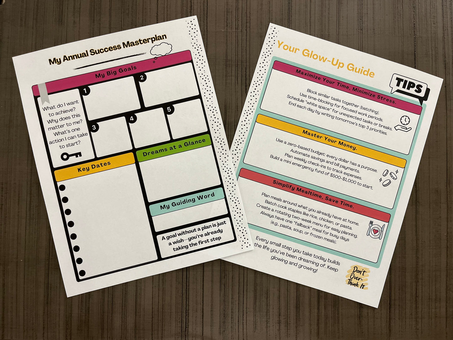 Hustle & Flow Planner branded support and reflection page mockups featuring white backgrounds bold, feminine branding designed for busy moms and creators.