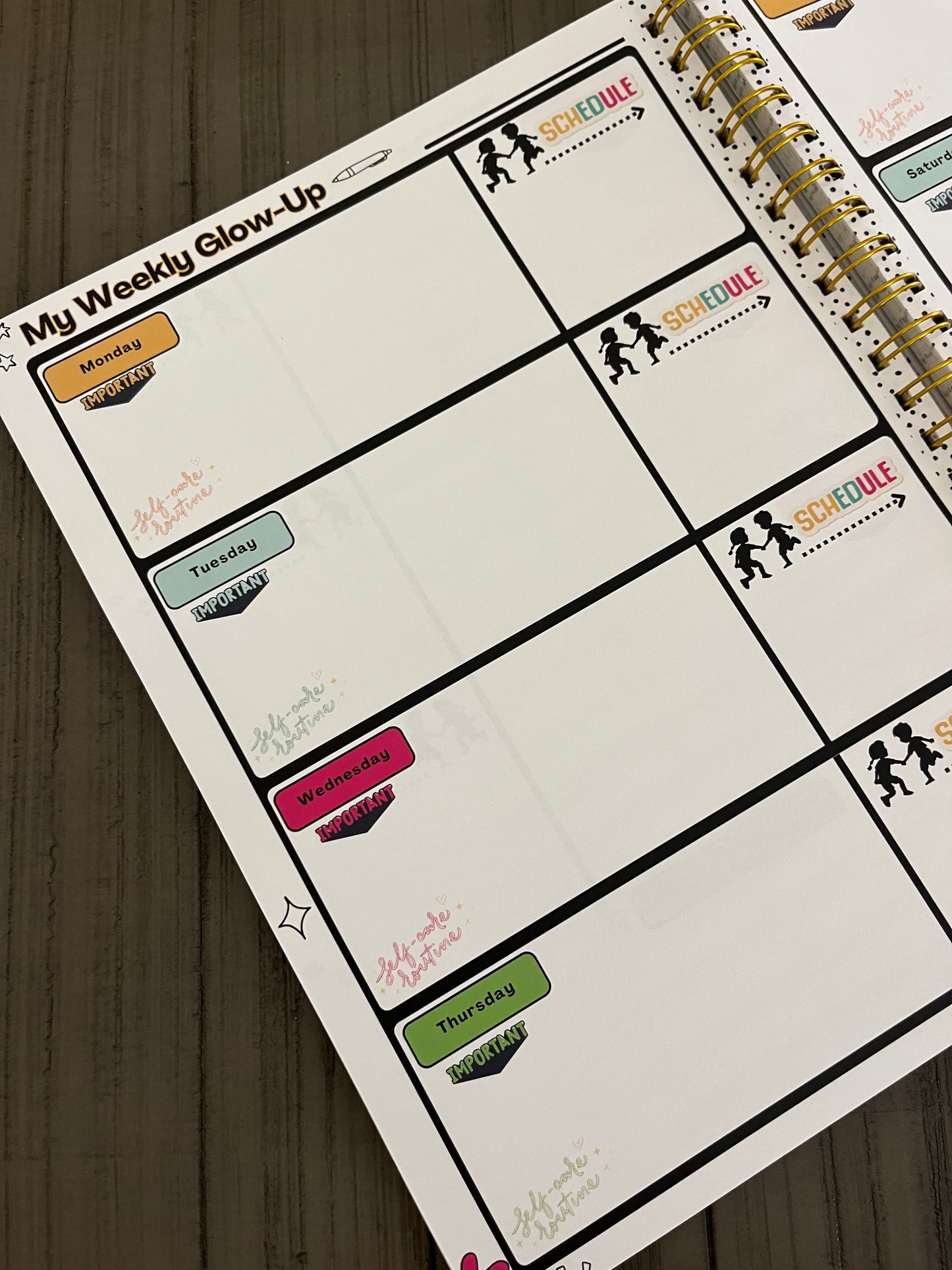 Hustle & Flow Planner branded weekly planning page mockups featuring white backgrounds bold, feminine branding designed for busy moms and creators.