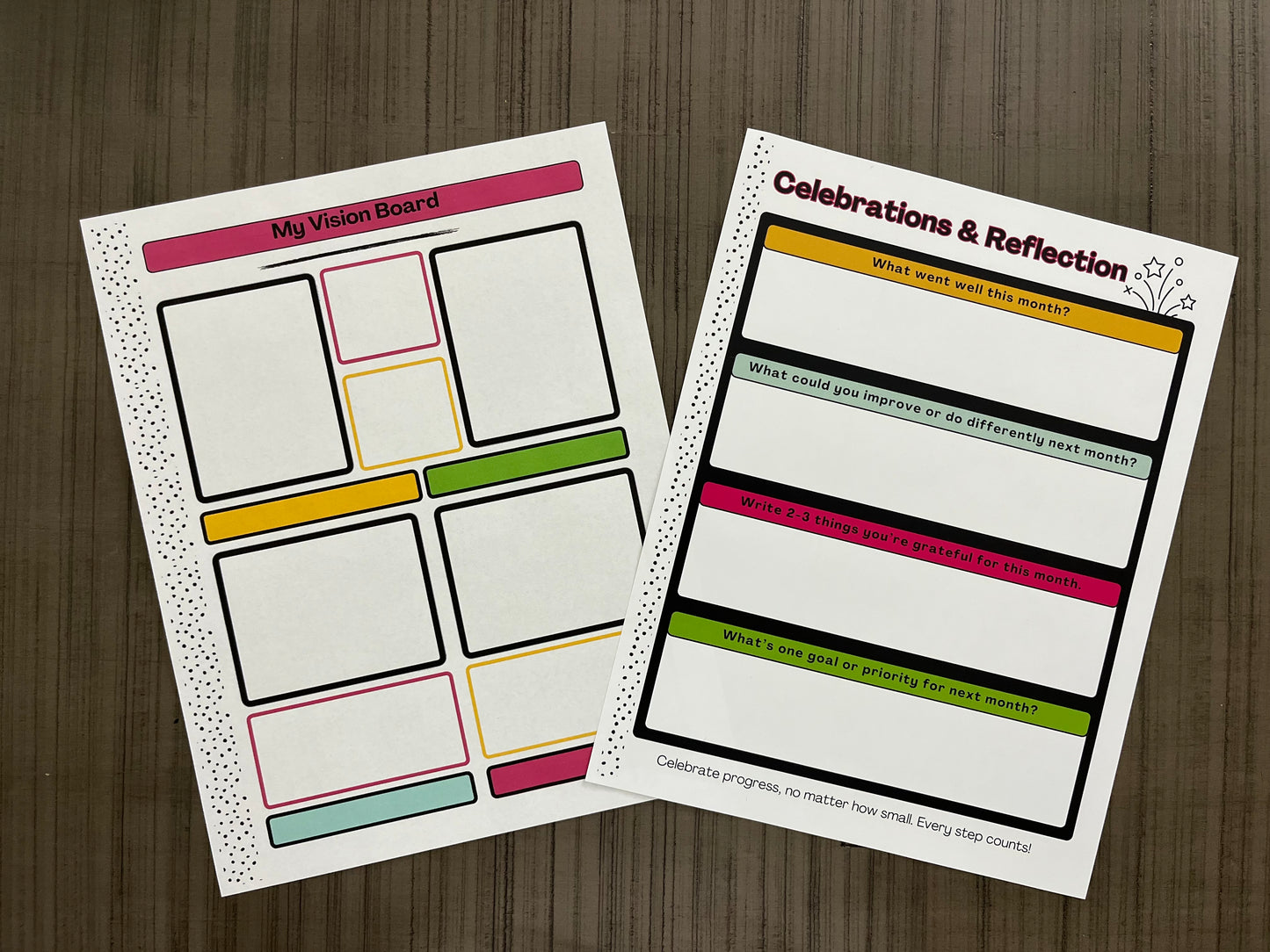 Hustle & Flow Planner branded goal and reflection page mockups featuring white backgrounds bold, feminine branding designed for busy moms and creators.