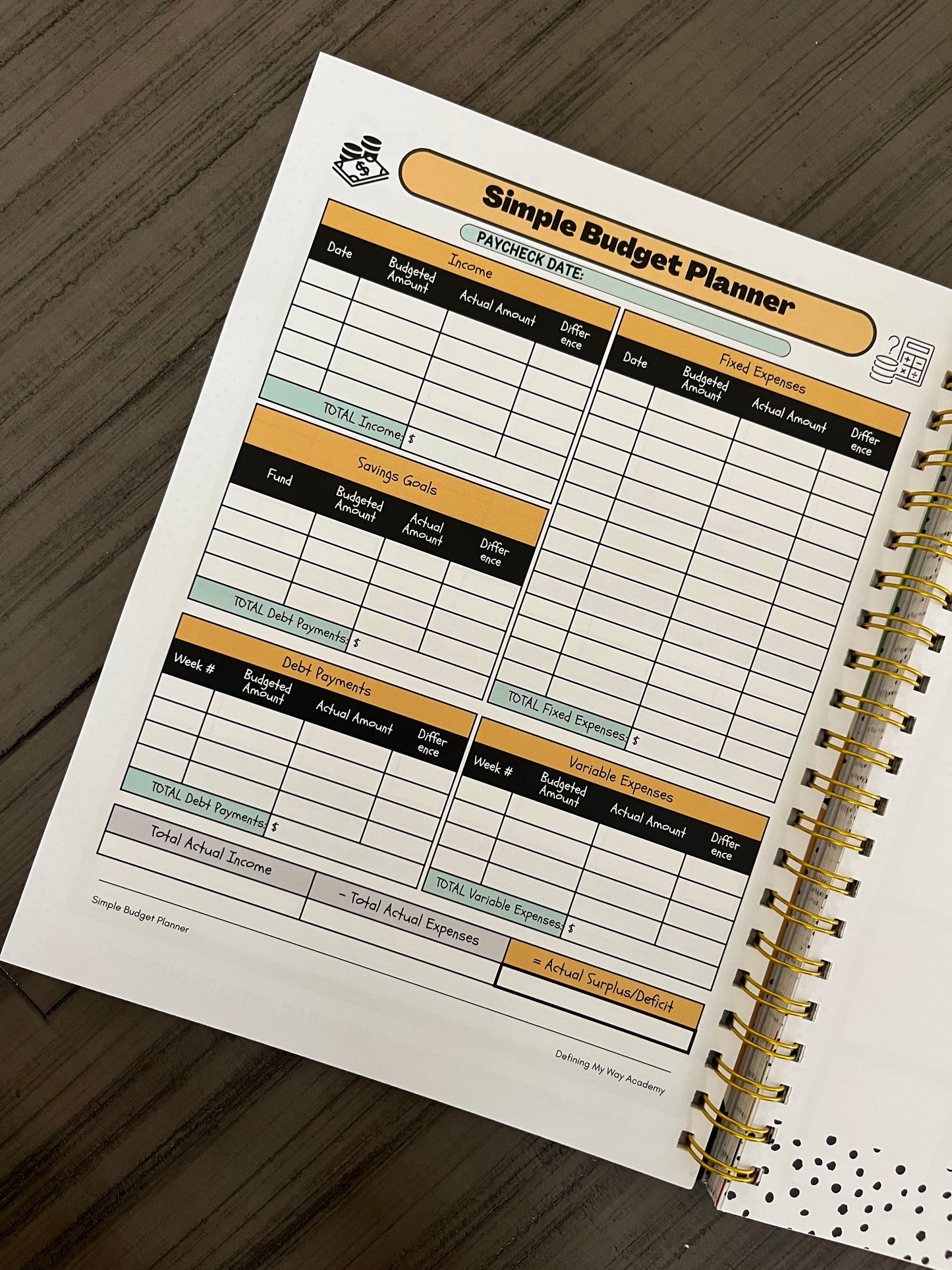 Hustle & Flow Planner branded budget planning page mockups featuring white backgrounds bold, feminine branding designed for busy moms and creators.