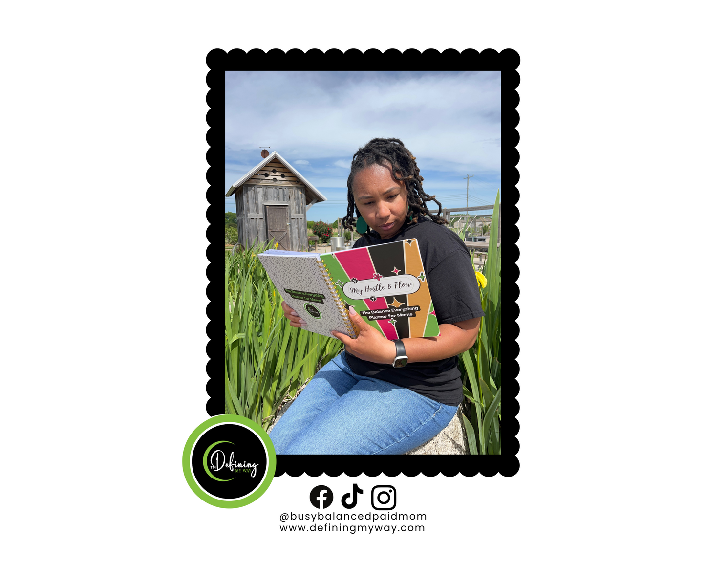 A woman holding and looking into her Hustle & Flow Planner while she’s sitting outside in a sunny park— it’s featuring bold, feminine branding designed for busy moms and creators.