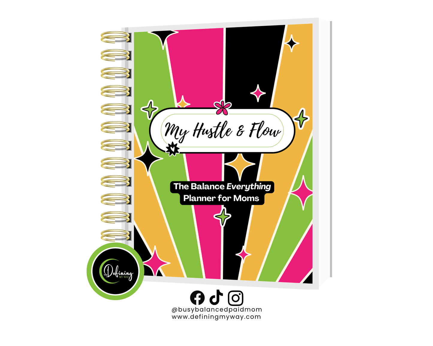 Hustle & Flow Planner cover mockup featuring bold, feminine branding designed for busy moms and creators.