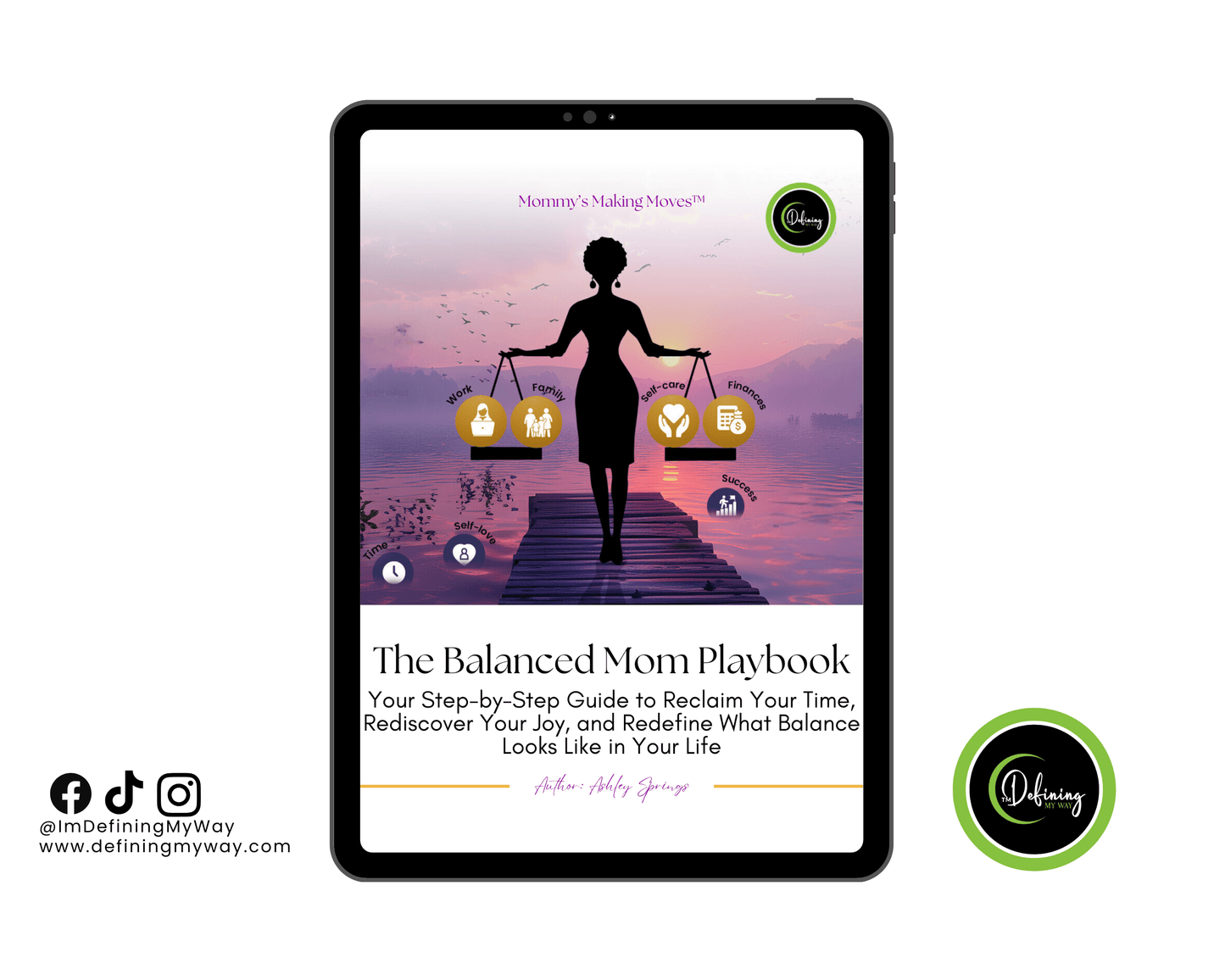 The Balanced Mom Playbook: A Weekly Guide to Time Management for Busy Moms | Self-Care & Goal Setting displayed on a tablet.