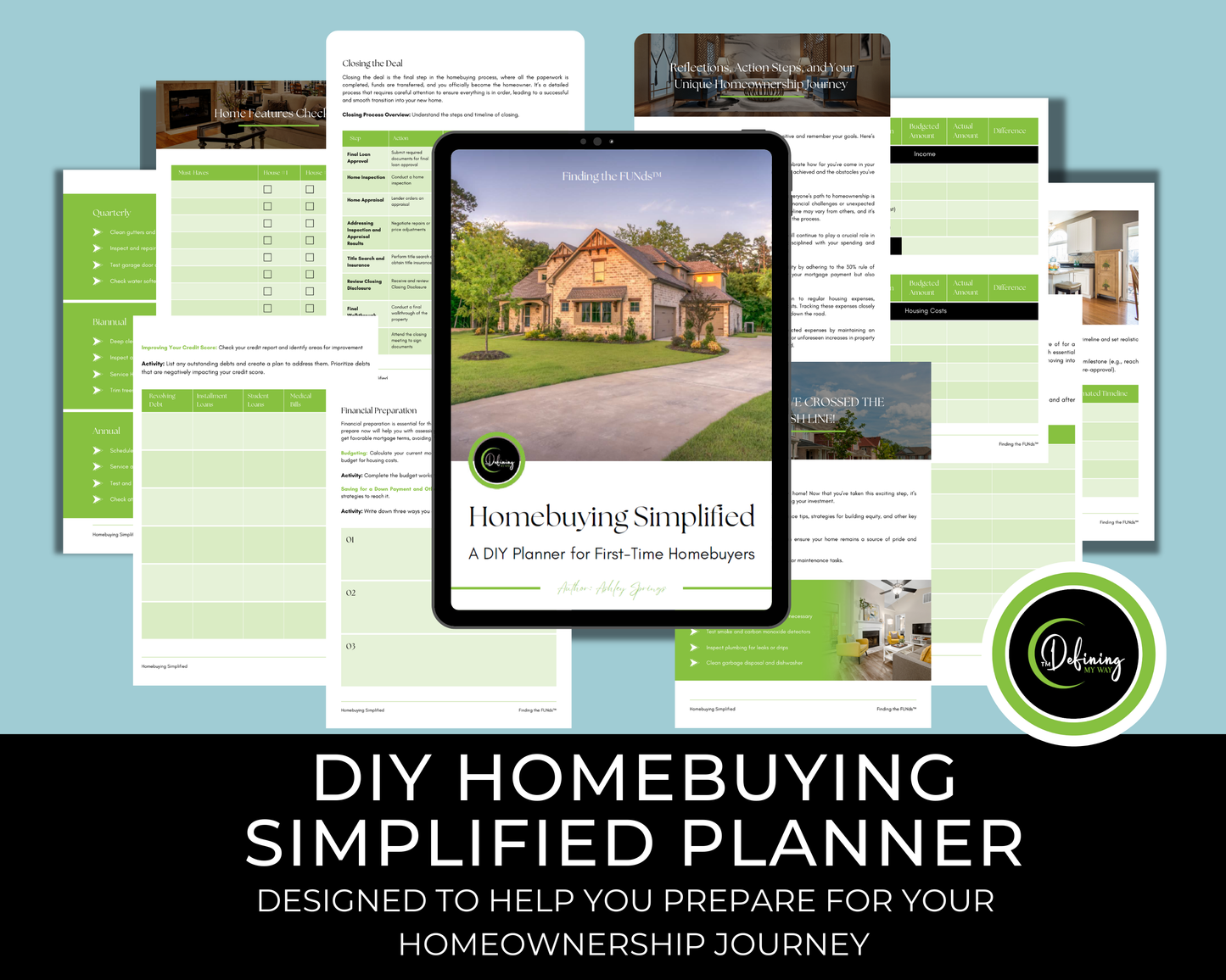 Homebuying Guide for Moms Navigating the Homeownership Process showcasing workbook page mockups of the homebuying workbook.