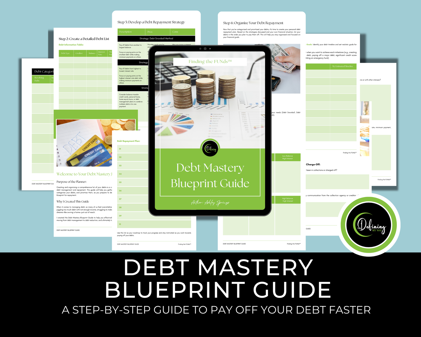 Debt Payoff guide for Moms navigating debt management and freedom showcasing sample page mockups of the workbook.