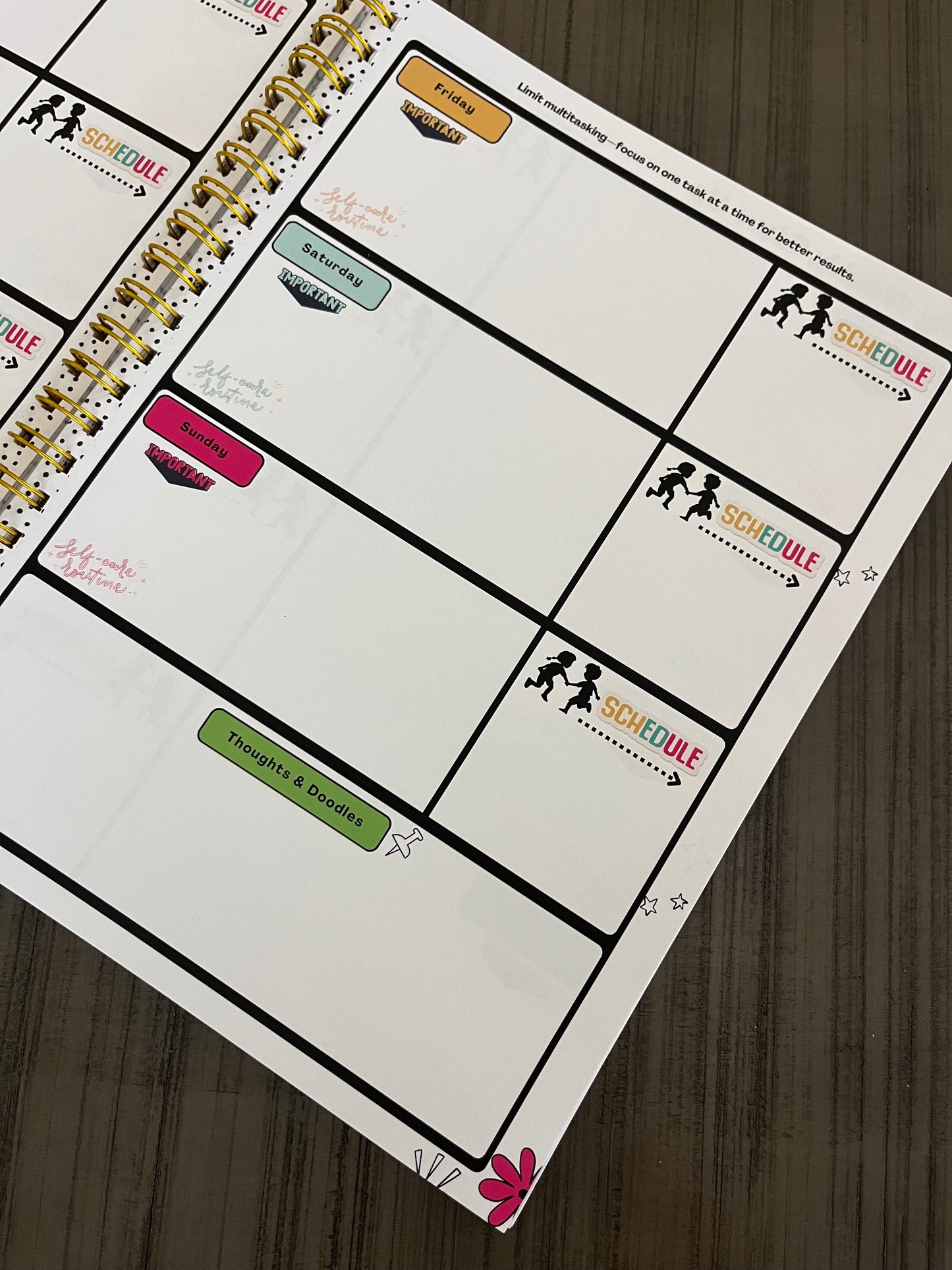 Hustle & Flow Planner branded weekly planning page mockups featuring white backgrounds bold, feminine branding designed for busy moms and creators.