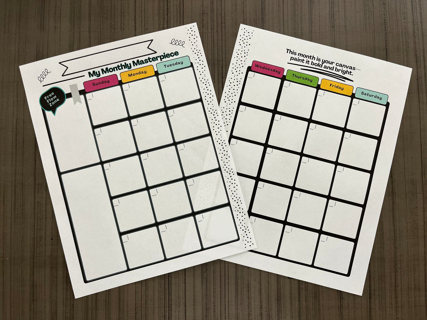 Hustle & Flow Planner branded monthly planning page mockups featuring white backgrounds bold, feminine branding designed for busy moms and creators.