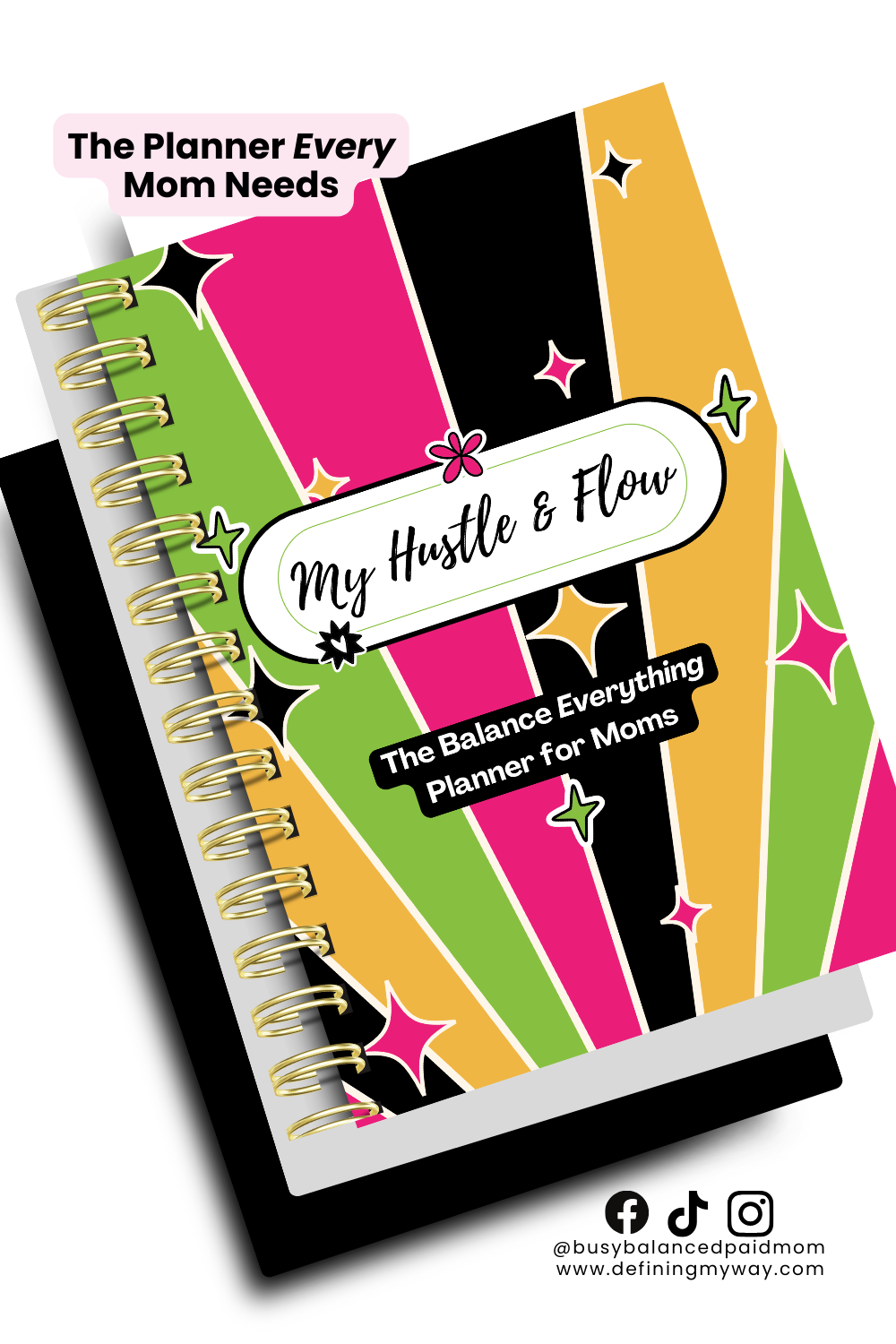 Hustle & Flow Planner front cover mockup featuring bold, feminine branding designed for busy moms and creators.