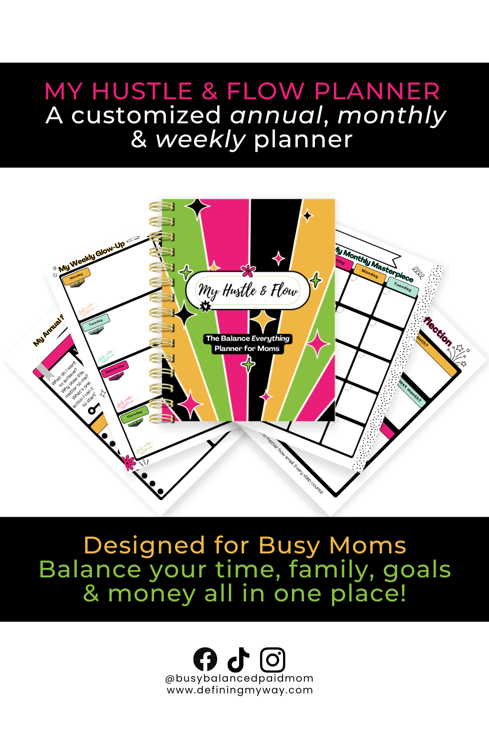 Hustle & Flow Planner mockup featuring bold, feminine branding with planning worksheets, reflection pages, and budgeting pages designed for busy moms and creators.