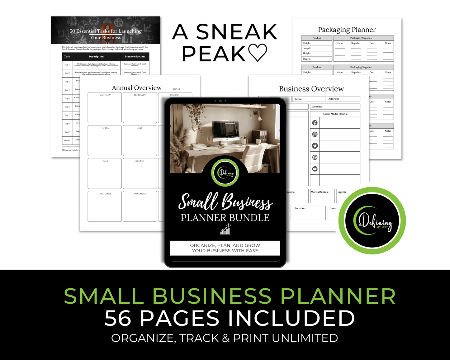 Sneak peek of the Small Business Planner Bundle showcasing 56 pages to organize, track, and grow your business.