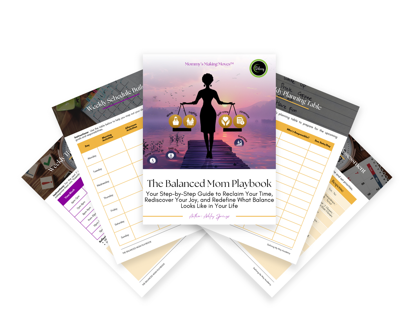 The Balanced Mom Playbook: A Weekly Guide to Time Management for Busy Moms | Self-Care & Goal Setting displayed showcasing sample page mockups of the workbook.