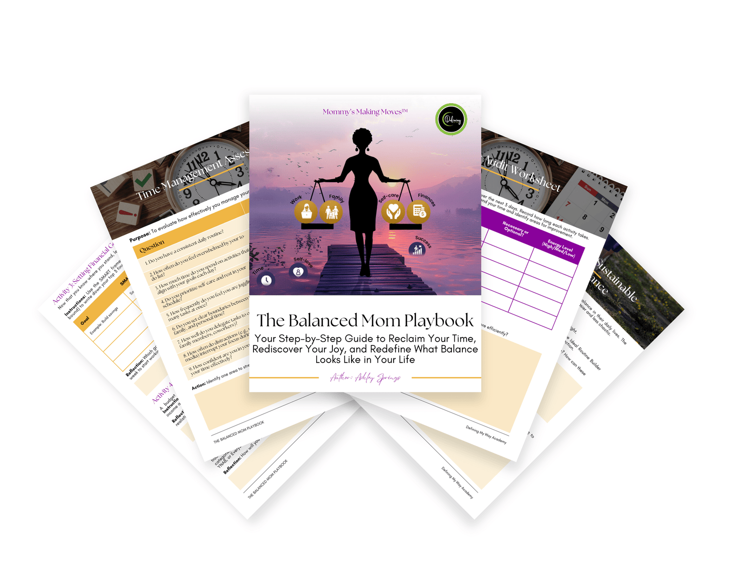 The Balanced Mom Playbook: A Weekly Guide to Time Management for Busy Moms | Self-Care & Goal Setting displayed showcasing sample page mockups of the workbook.