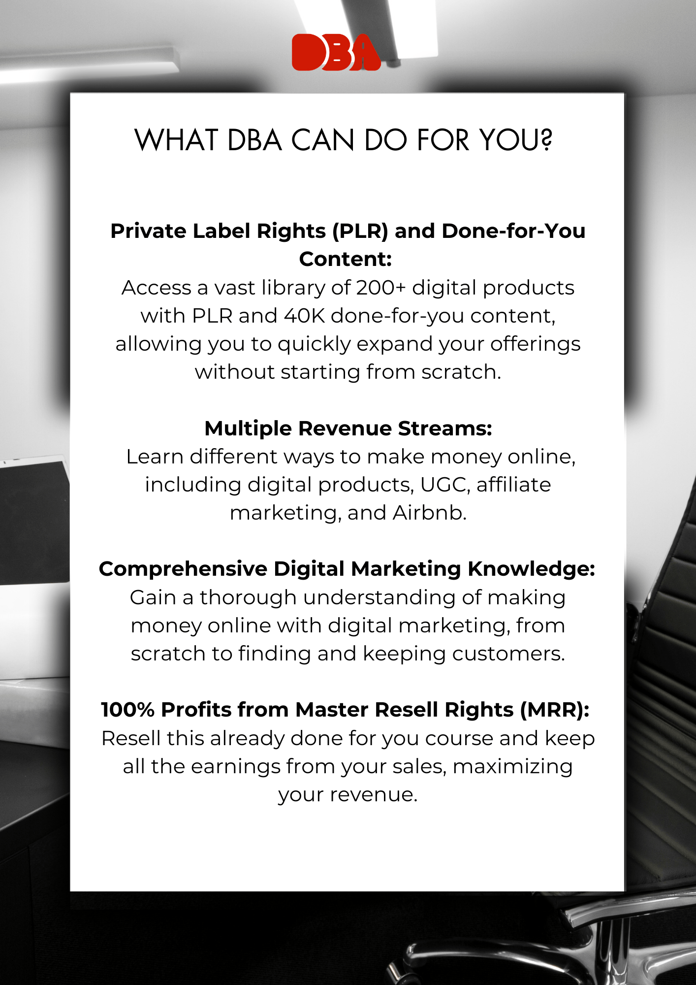 DBA Volume 1 resale rights flyer about DBA services– start reselling digital products and build your business