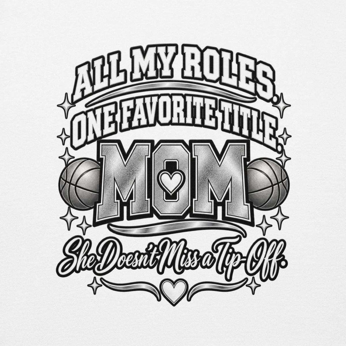 white Basketball Mom hoodie with "All My Roles" design, chrome print, back view