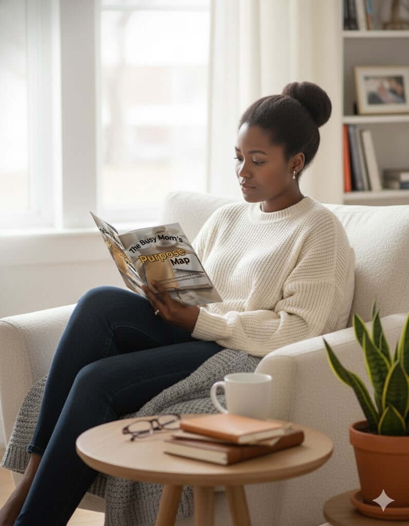 Black mom engaging in self-care while reading "The Busy Mom's Purpose Map" ebook in a bright, cozy setting. Focuses on purpose map and busy mom wellbeing.