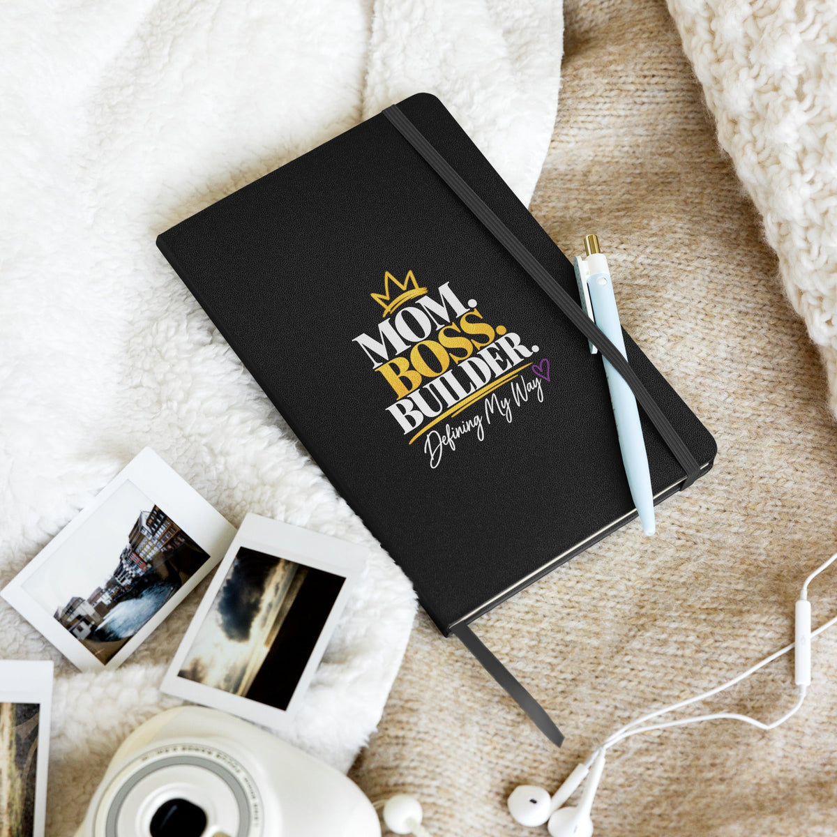 Black hardcover Mom. Boss. Builder. journal, alternate front view