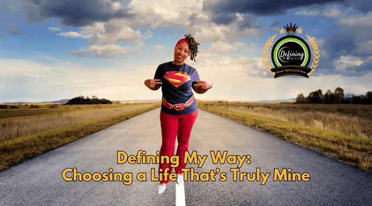 Ashley Springs standing on a road, smiling, with text: Defining My Way: Choosing a Life That’s Truly Mine.