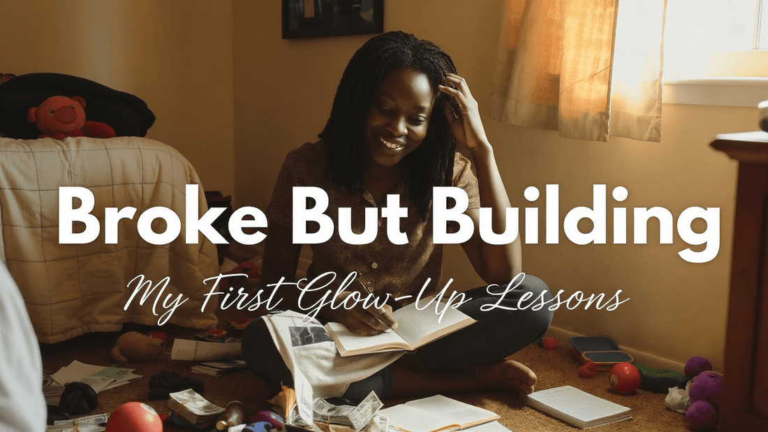 A young mom sitting on the floor of a room, surrounded by everyday signs of struggle—a few toys, notebooks, bills—but she’s smiling softly while writing in a journal or counting cash. 