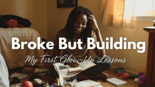 A young mom sitting on the floor of a room, surrounded by everyday signs of struggle—a few toys, notebooks, bills—but she’s smiling softly while writing in a journal or counting cash. 