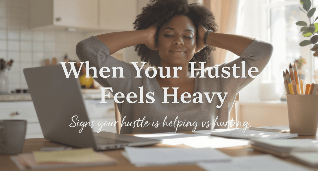 Hustle to Burnout: A mom sitting at her desk, surrounded by papers, laptop open, elbows up, hands resting on her head with the text: text, “When Your Hustle Feels Heavy: Signs your hustle is helping vs hurting."