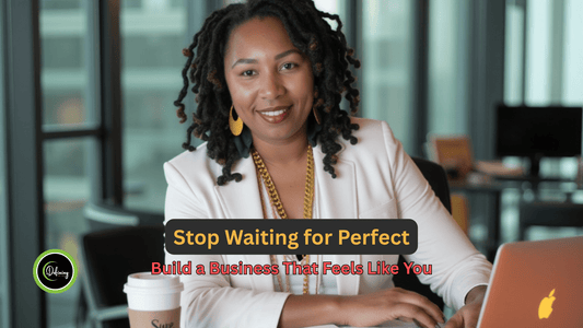 Businesswoman smiling at a desk with a laptop, promoting a message about building an authentic business.