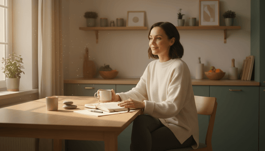 Busy mom sitting peacefully at a kitchen table with planner and coffee, representing a sustainable soft life with balanced routines, calm energy, and intentional structure; building a life that doesn’t burn you out