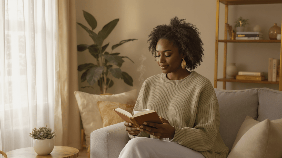 Black mom sitting by a window journaling with a calm expression, representing emotional stability for moms, inner peace, and emotional sustainability.
