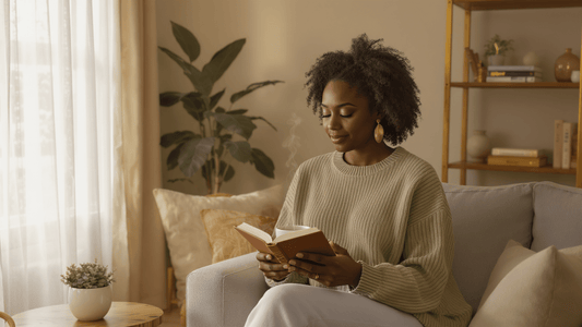 Black mom sitting by a window journaling with a calm expression, representing emotional stability for moms, inner peace, and emotional sustainability.