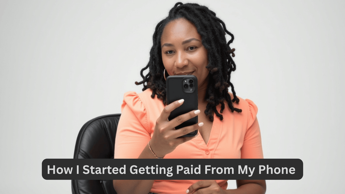 Busy mom happily using smartphone to share how she earns money from home while managing kids.