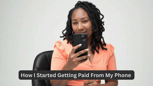 Busy mom happily using smartphone to share how she earns money from home while managing kids.
