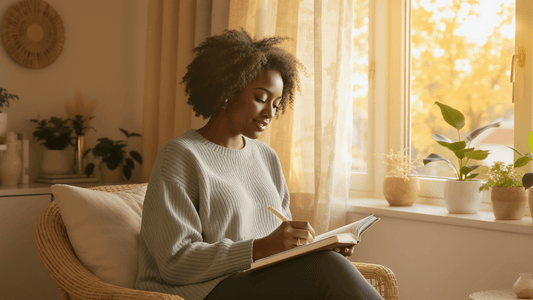 African American mom journaling in a cozy home workspace, reflecting on personal growth and who you are becoming during her glow-up season.