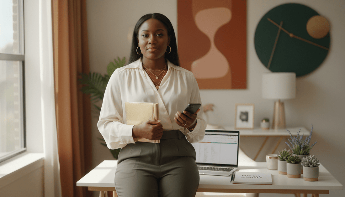 Modern mom building financial clarity at home, symbolizing money, mindset & mom life and next-level glow-up transformation.