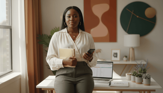 Modern mom building financial clarity at home, symbolizing money, mindset & mom life and next-level glow-up transformation.