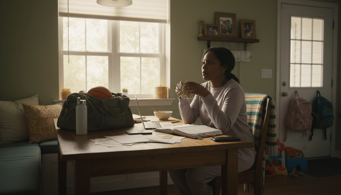 African American busy mom sitting at table feeling overwhelmed while planning how to get organized and balance her life