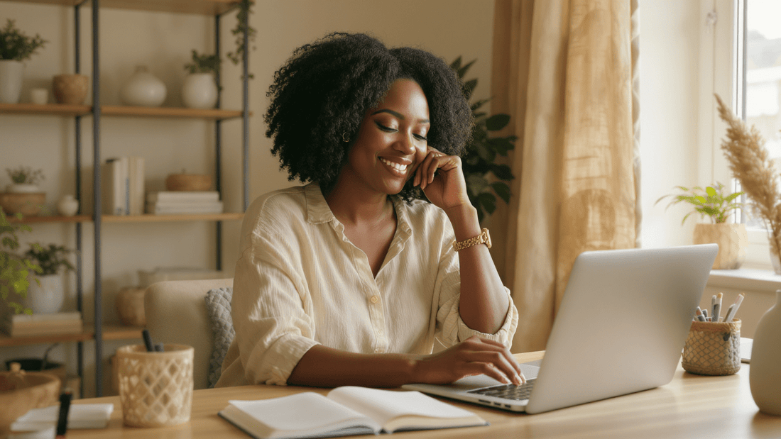 African American mom entrepreneur sitting at a cozy home workspace with a planner and laptop, representing purpose, power and peace for moms, and emotional growth for busy moms.