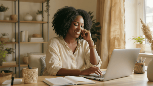 African American mom entrepreneur sitting at a cozy home workspace with a planner and laptop, representing purpose, power and peace for moms, and emotional growth for busy moms.