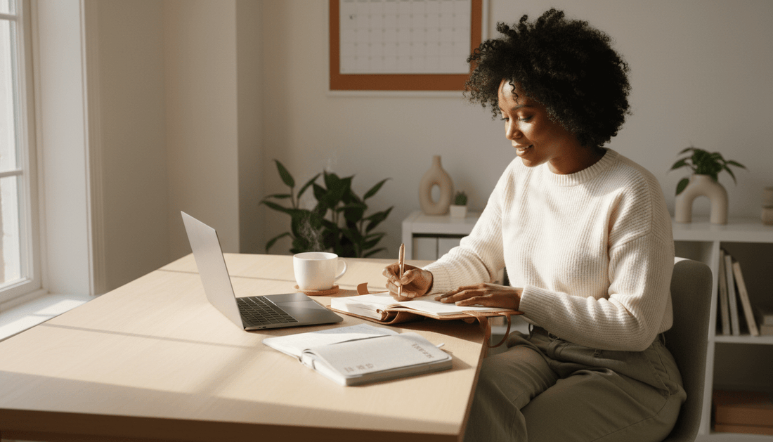 Calm mom reviewing planner and money routine at a cozy table, representing a soft life routines for moms with structure and peaceful financial habits. 