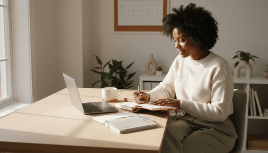 Calm mom reviewing planner and money routine at a cozy table, representing a soft life routines for moms with structure and peaceful financial habits. 