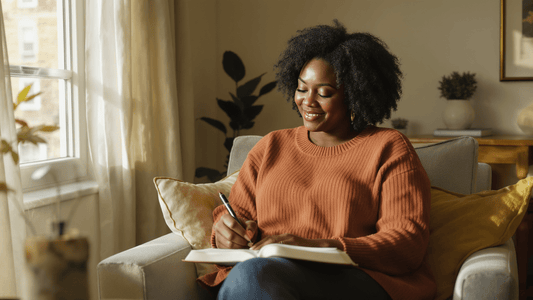 A peaceful African American mom relaxing in a cozy home environment, reflecting a soft life for moms focused on balance, emotional wellness, and supportive living.