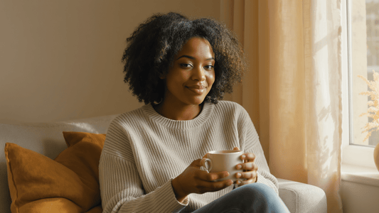 Reflective mom sitting by a window in natural light, representing emotional growth and outgrowing the old version of yourself.