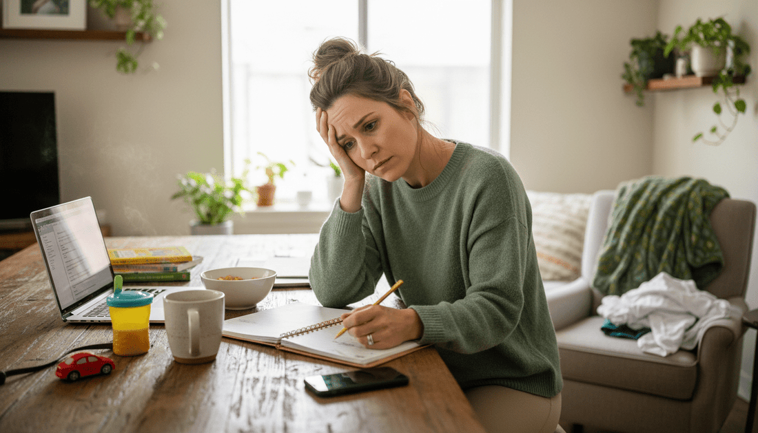 busy African American mom feeling scattered while managing responsibilities and planning her time at home