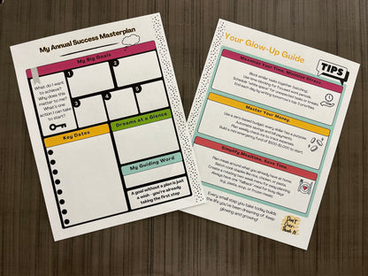 Hustle & Flow Planner branded support and reflection page mockups featuring white backgrounds bold, feminine branding designed for busy moms and creators.