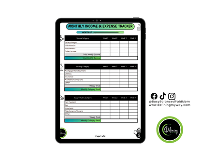 5-Step Budgeting Blueprint | Monthly Spending Tracker for beginners and professionals mockup displayed on a tablet.