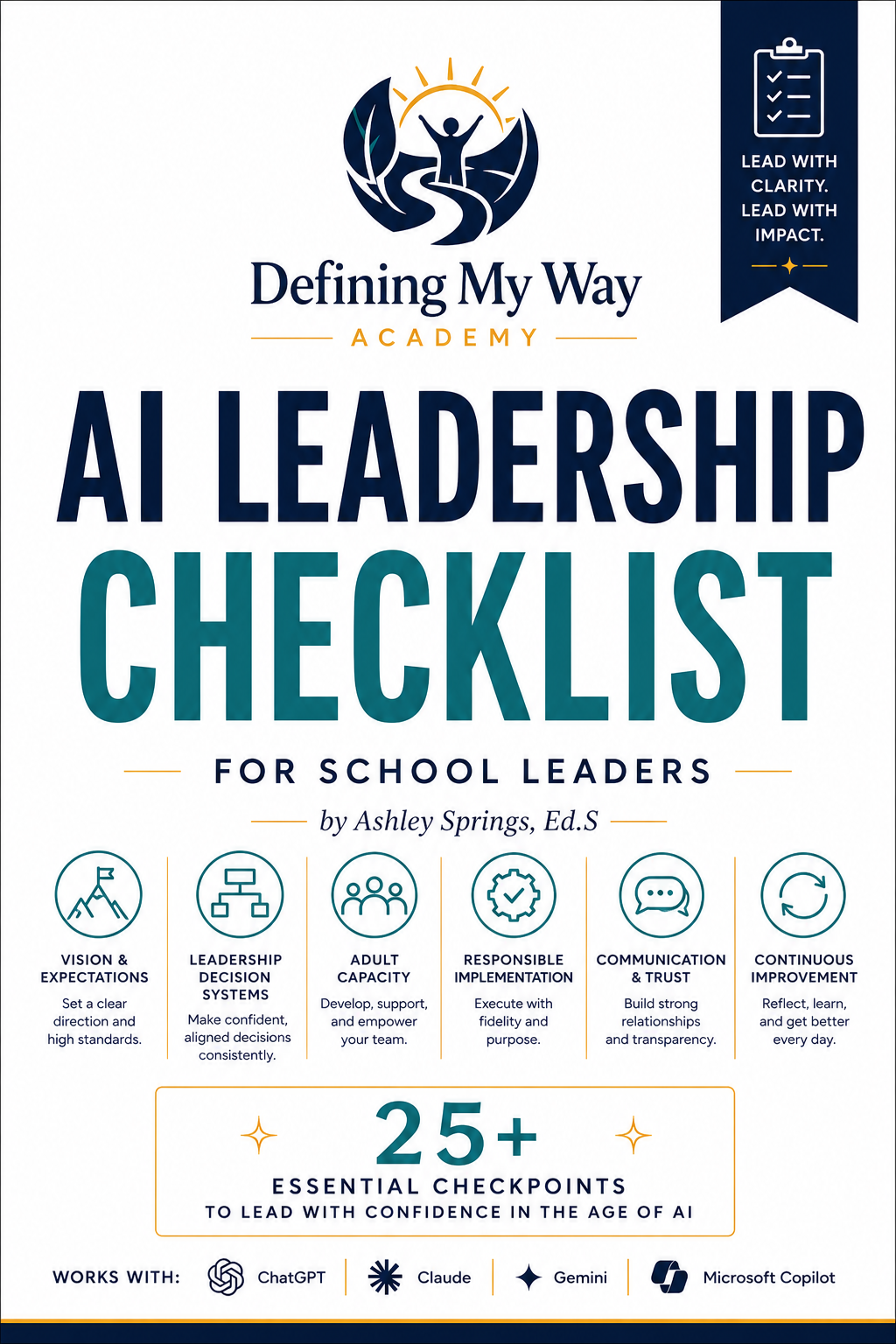 AI Leadership Checklist for School Leaders — Defining My Way Academy digital resource cover