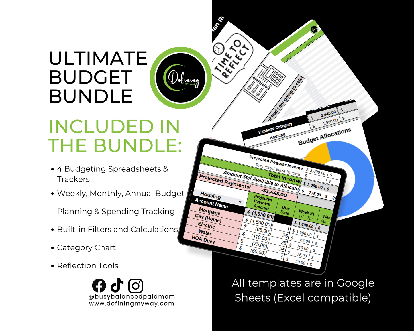 Ultimate Budgeting Bundle for Moms showcasing budgeting spreadsheets, trackers, and planning tools in Google Sheets.