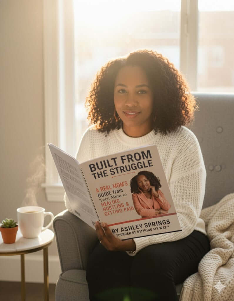 Black woman holding the 'Built From The Struggle' motivational workbook. The image shows the cover of the self-care guide in a relaxing, well-lit scene.