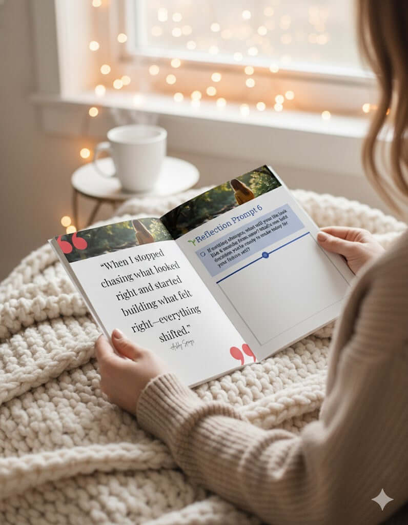 Close-up of a woman's hands holding open the 'Built From The Struggle' workbook to internal pages, featuring a reflection prompt and a motivational quote. The cozy scene suggests self-care and personal growth.