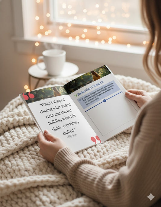 Close-up of a woman's hands holding open the 'Built From The Struggle' workbook to internal pages, featuring a reflection prompt and a motivational quote. The cozy scene suggests self-care and personal growth.