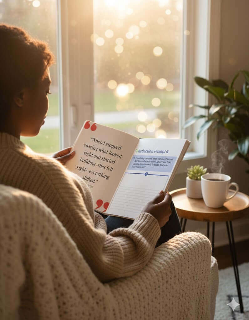 Close-up of a Black woman's hands holding open the 'Built From The Struggle' workbook to internal pages, featuring a reflection prompt and a motivational quote. The cozy scene suggests self-care and personal growth.