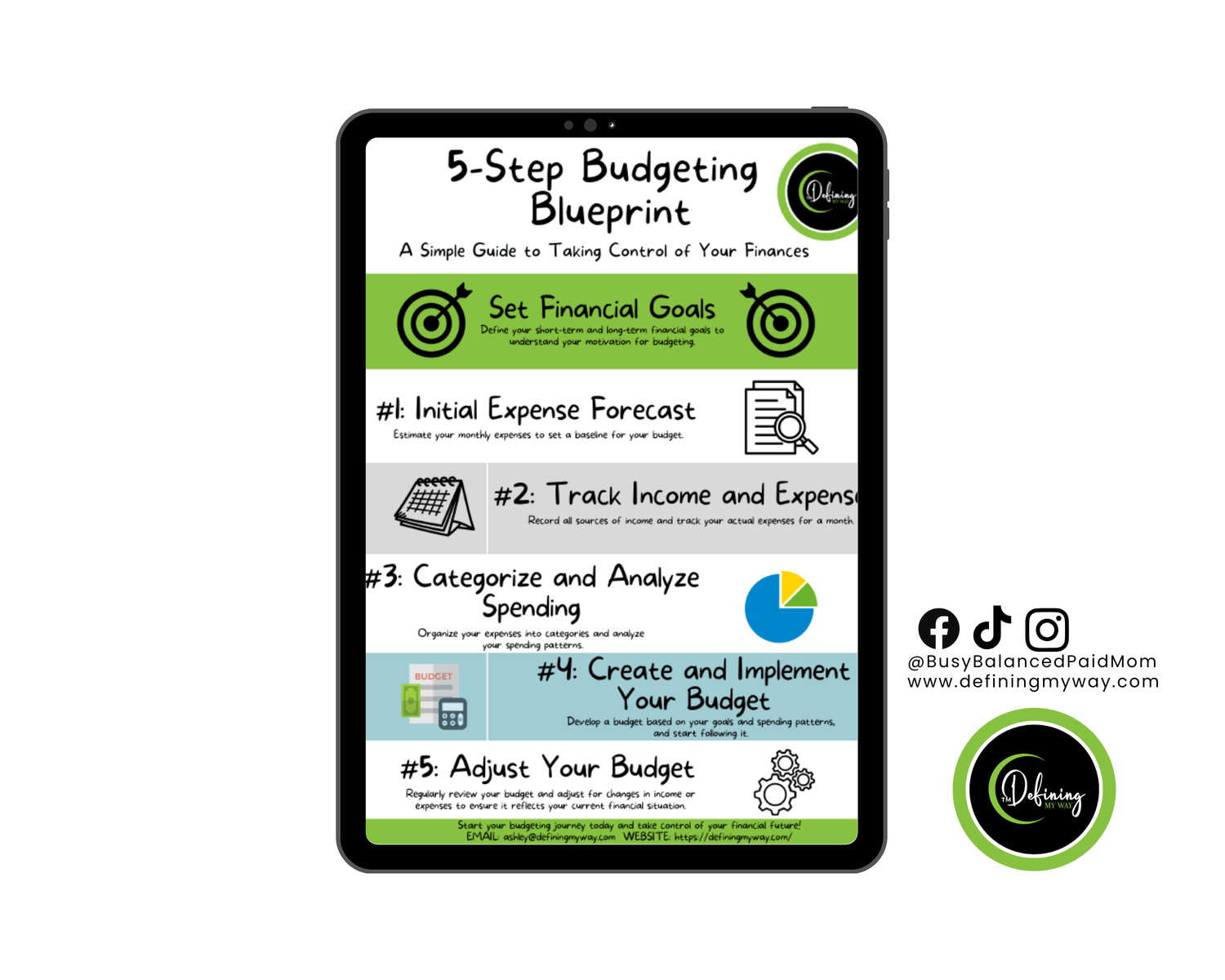 5-Step Budgeting Blueprint for beginners and professionals displayed on a tablet.